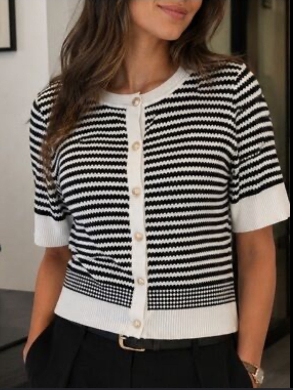 Adrianna Papell Black and White Short-Sleeve Striped Knit Cardigan
